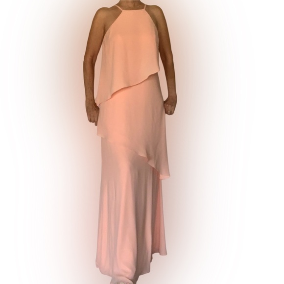 END OF SUMMER
 SALE! Sz 10 Peach Bellini 2-Tiered Chiffon Halter Gown - Picture 2 of 12
